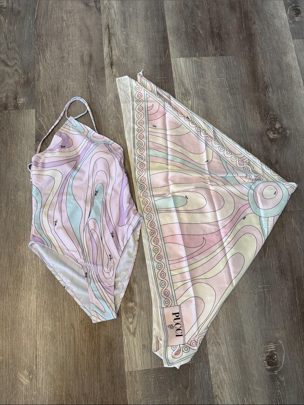 Emilio Pucci Pastel Swirl One-Piece & Silk Scarf Set - Pink, Mint, Lilac
